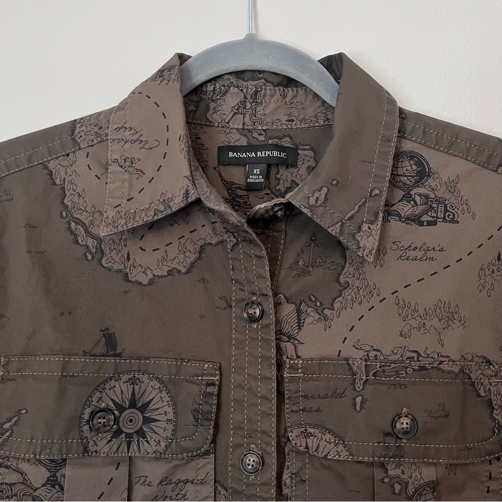 Banana Republic Map Print Safari Belted Button Front Utility Shirt Dress Green - Picture 6 of 8